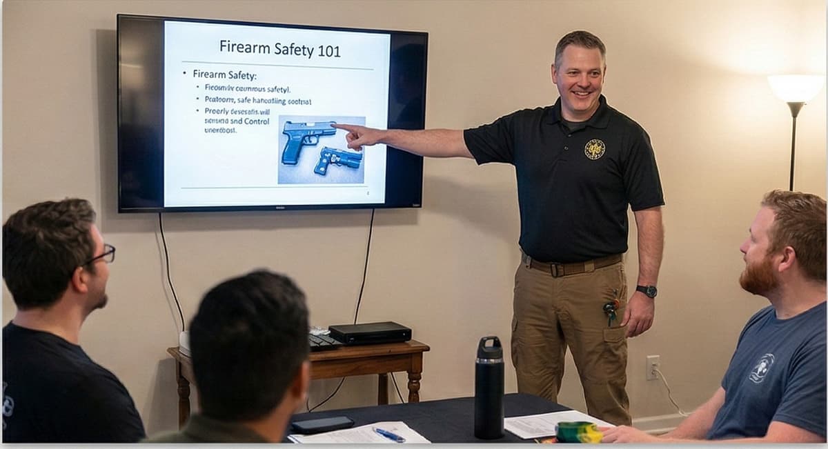 Instructor presenting Firearm Safety 101 to students during a Tactical Snowflakes training party